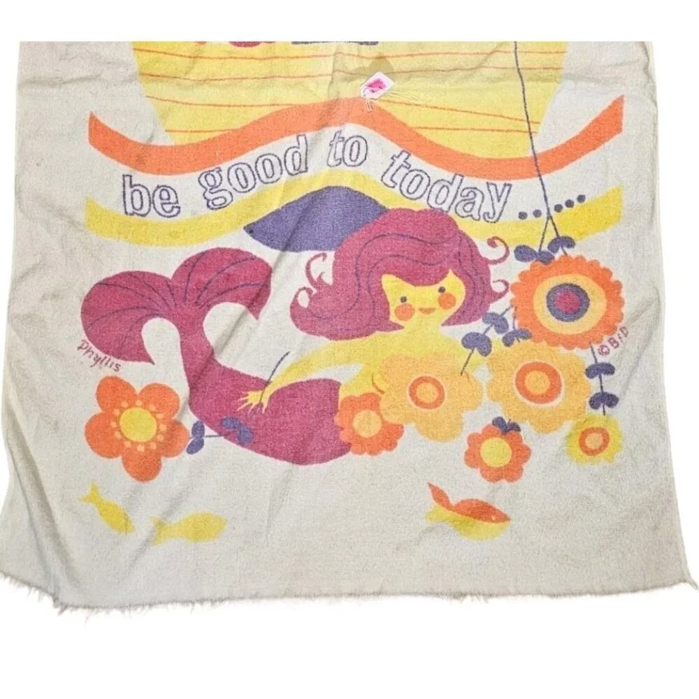 Vintage 70s Beach Towel Rainbow Mermaid Flowers Retro Fishing By‎ Phyllis